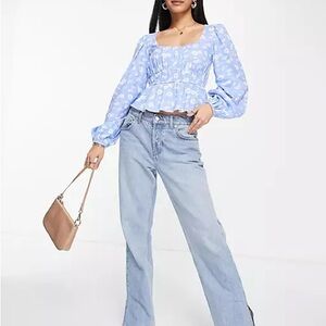 ASOS DESIGN shirred waist long sleeve top in blue floral print